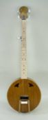 CUSTOM WOODEN BANJO, stamped with 'ORB 132', with pickups Comments: comes with soft case, used but