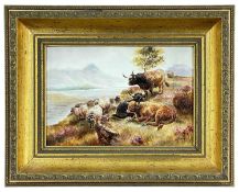 JAMES SKERRETT handpainted bone china plaque - cattle and sheep on edge of a loch, signed, 15 x