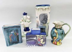 FIVE BONCHURCH POTTERY ITEMS, comprising cylinder vase 25cm h, jug 15cm h, two slab vases and a