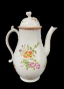 LATE 18TH CENTURY PORCELAIN BALUSTER COFFER POT & COVER, probably Caughley, painted with summer