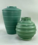 KEITH MURRAY FOR WEDGWOOD: TWO GREEN VASES, conical and spherical form with lateral bands, 28.5cm