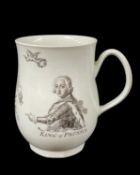 WORCESTER 'KING OF PRUSSIA' PORCELAIN TANKARD, c. 1757, of bell shape, printed in black with a