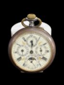SWISS STEEL CALENDAR POCKET WATCH, cylinder movement with three arm balance and regulator, the