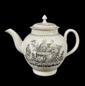 RICHARD CHAFFERS (LIVERPOOOL) PORCELAIN TEAPOT & COVER, c. 1765, printed in black with the 'Tea