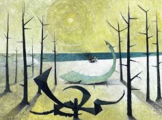 20TH CENTURY BRITISH SCHOOL oil on board - 'Mock Sun', surrealist beach scene with nun on fire,