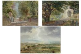 ARTHUR MILES RI (British, 1905-1987) watercolour - figure in church yard with church door,