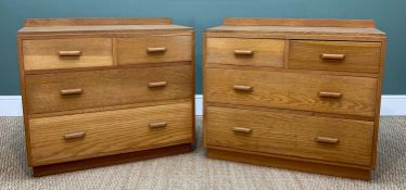 PAIR MID-CENTURY GOLDEN OAK FOUR-DRAWER CHESTS, with raised backs and plinth bases, 92w x 45d x