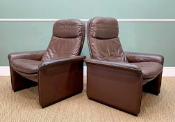 PAIR MODERN DE SEDE BROWN LEATHER EASY ARMCHAIRS, with reclining backs (2)Comments: arms worn,