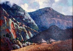 WILLEM HERMANUS COETZER (South African, 1900-1983) oil on board - mountains and huts, possibly
