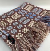 TRADITIONAL 'DERW' WOOLLEN TAPESTRY BLANKET, woven in chocolate, blue and lemon with fringing to