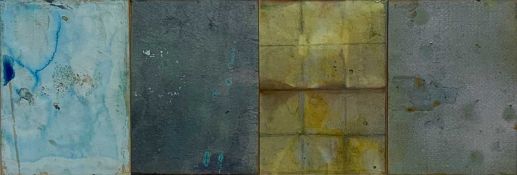 ‡ DAVID QUINN (Irish, b. 1971) mixed media collage - signed and dated 2004, 14 x 42cm, in box frame
