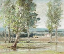 JOHN FERGUSON (South African, 1885-1967) oil on canvas - Cape Dutch farmhouse with cattle grazing,