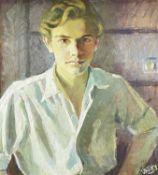 ‡ GLADYS VASEY (British, 1889-1981) oil on board - half portrait, ‘Boris’, signed, 49 x 45cms