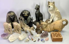 COMPOSITE FIGURES - Egyptian cats (2), 36.5cms and 21cms H, two painted plaster Egyptian busts,