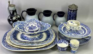 LOVATTS LEADLESS GLAZE a set of three graduated jugs, light blue bodies, dark blue necks and