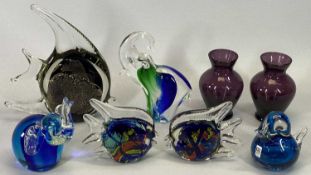 STUDIO GLASS PAPERWEIGHTS - Mdina blue and clear glass bird, 9cms H, a black, gold and clear glass