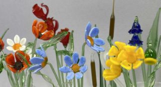 SUFFOLK STUDIO GLASS - collection of 12 handmade glass, flower arrangements in clear glass vases,