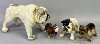 CROWN DUCAL FIGURE OF A BULLDOG - cream and grey glaze with yellow and red spotted collar, 20cms
