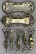 ANTIQUE & LATER CANDLE SNUFFERS, 5 PAIRS along with two snuffer stands, 17.5cm approx lengths the
