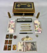 VINTAGE CASH TIN with mixed collectables content to include seven Qajar Period papier mache