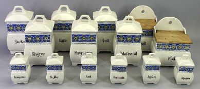 ELLA SWEDEN CERAMIC KITCHEN STORAGE JARS (14) - white glazed with a band of blue and yellow