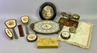 GILDED BRASS POSTAL SCALES on shaped mahogany base with six brass weights, Victorian oval silkwork