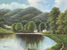 K HARRISON acrylic oil on canvas, 20th century - woodland with river and cottages, signed lower