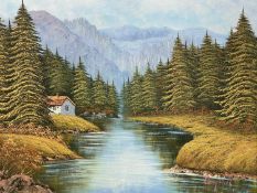 CAMPBELL acrylic oil on canvas, 20th century - mountainous woodland with cottage to side and