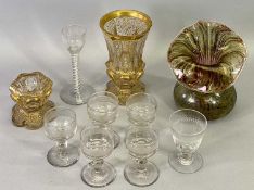 19TH CENTURY CORDIAL GLASS - the bowl decorated with flowers and bird, air twist stem on broad