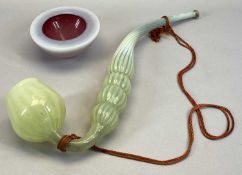 LARGE VICTORIAN VASELINE GLASS NOVELTY PIPE - with twist stem, 43cms L, a Murano Venetian glass bowl
