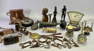 MIXED COLLECTABLES including a leather and steel shot flask with metal suspension loop, 22cms L, a