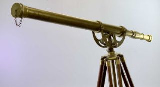 BRASS TELESCOPE - 104cms L, on adjustable tripod base, approx 150cms H