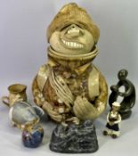 PRETTY UGLY POTTERY (CAERNARFON) LIDDED JAR - modelled as a climber, 44cms H, a Fait a la Main