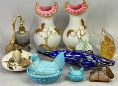 19TH CENTURY & LATER GLASSWARE - turquoise pressed glass 'hen on nest', 11cms H, similar smaller