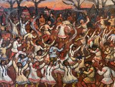 HELEN M STEINTHAL (British 1911 - 1991) oil on board - multiple figures dancing, 92.5 x 120.5cms,