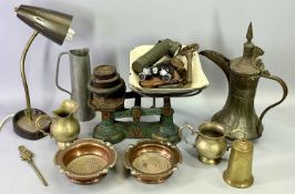 SET OF METAL SCALES with enamel pan and graduated cast iron weights, Pifco retro desk lamp, a pair
