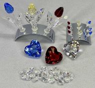 SWAROVSKI CRYSTAL a group of three tulips - red, yellow and blue, on chrome stand, 11cms H and a