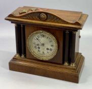 GERMAN WALNUT CASED MANTEL CLOCK - late 19th/early 20th century, circular silver dial with black
