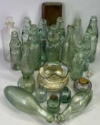 19TH CENTURY GREEN GLASS CODD NECK & TORPEDO BOTTLES, a collection, Loetz style overlaid
