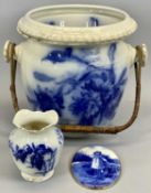 19TH CENTURY FLO BLUE SLOP BUCKET & LINER with cane handle, 28cms H, similar vase, 13cms H and a