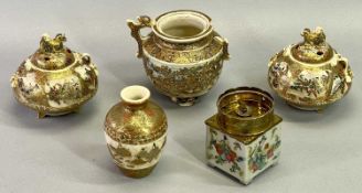 JAPANESE SATSUMA KORO PIERCED COVERS WITH KYLIN FINIALS, A PAIR - the bases decorated with panels of