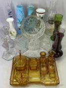 ART DECO 6 PIECE AMBER GLASS DRESSING TABLE SET, a Galileo thermometer, 29cms H, hand painted