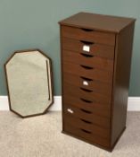 MODERN SLIM MULTI DRAWER CHEST, 103cms H, 48cms W, 36cms D & AN OCTAGONAL MIRROR - with bevelled