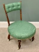 EDWARDIAN UPHOLSTERED NURSING TYPE CHAIR - on turned supports and castors, 71cms H, 50cms diameter