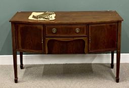 REGENCY STRING INLAID MAHOGANY SIDEBOARD - bow fronted, on spade feet, 94cms H, 154cms W, 59cms D