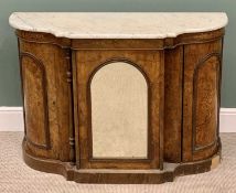 ANTIQUE BURR WALNUT CREDENZA - boxwood floral inlays with shaped marble top, 85cms H, 119cms W,