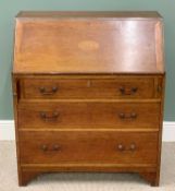 ANTIQUE MAHOGANY BUREAU - with string and shell inlay, having three drawers, with bracket feet,