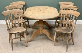 FARMHOUSE PINE KITCHEN TABLE - 77cms H, 154cms W, 100cms D and a similar style SET OF SIX