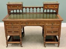 MAHOGANY DESK - fine twin pedestal example with railback and elevated drawers, inlaid detail
