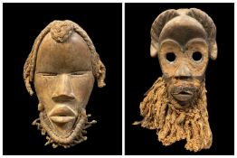 TWO DAN MASKS, with fibre beards, on with fibre coiffure, 23cm h (2)